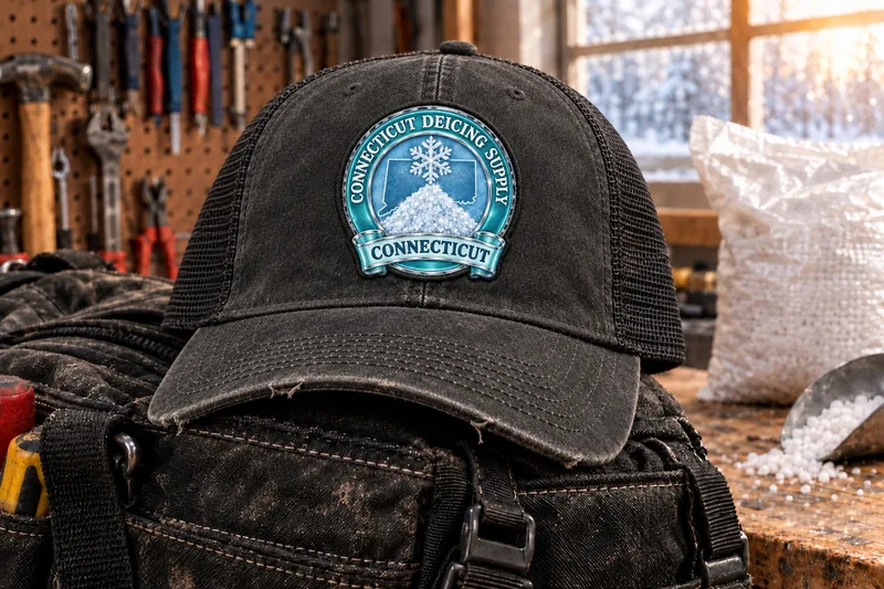 Connecticut Deicing Supply trucker cap on a tool bag in a workshop