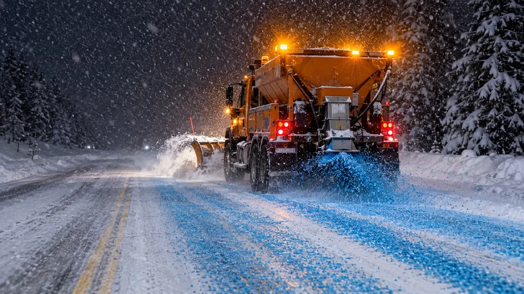 Spreader truck treating a snowy highway at dusk