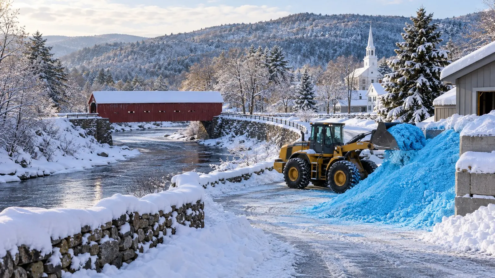 Loader pushing a pile of blue treated salt on a plowed road beside a red covered bridge, stone wall and white church